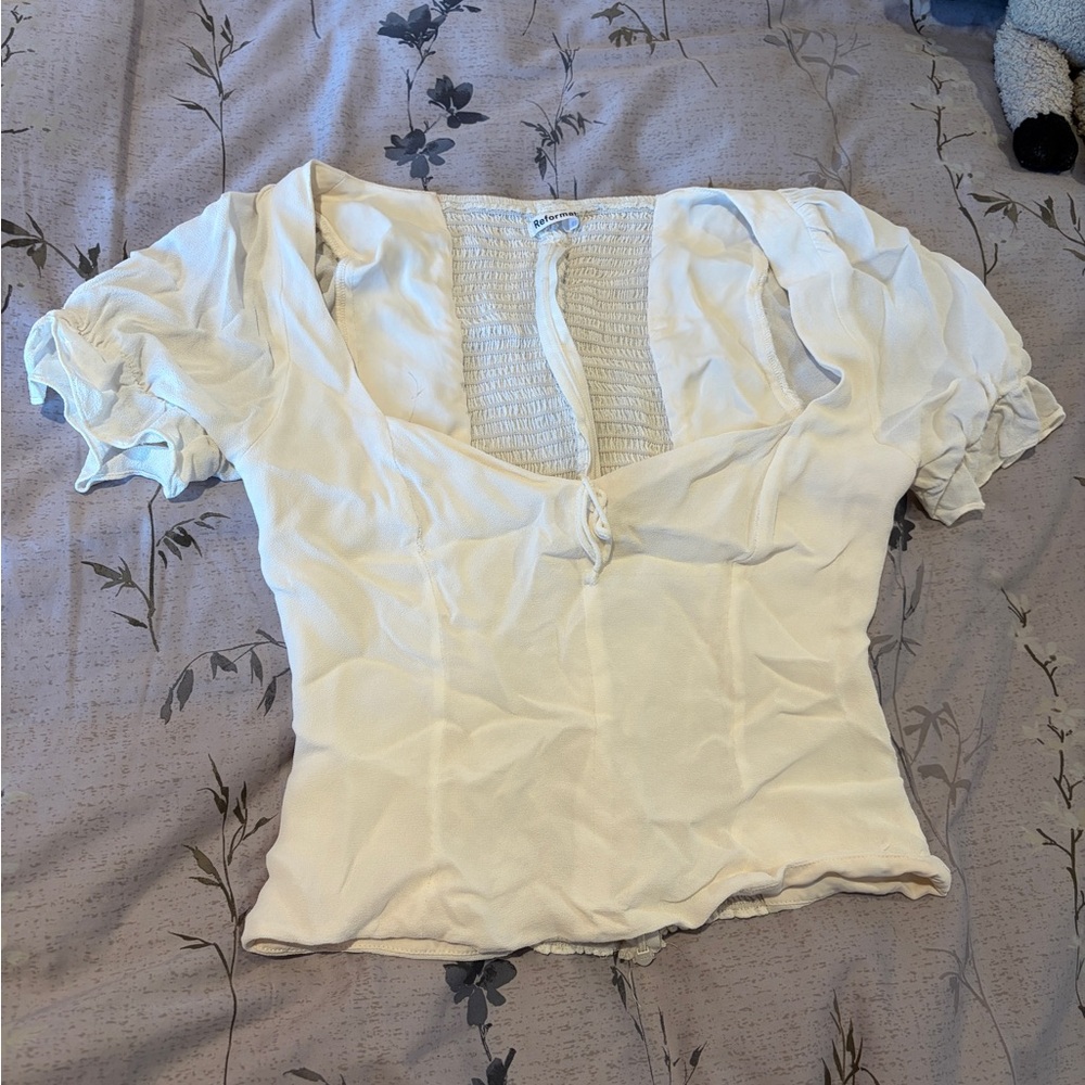 Reformation Cream Blouse with Ruched Detail
